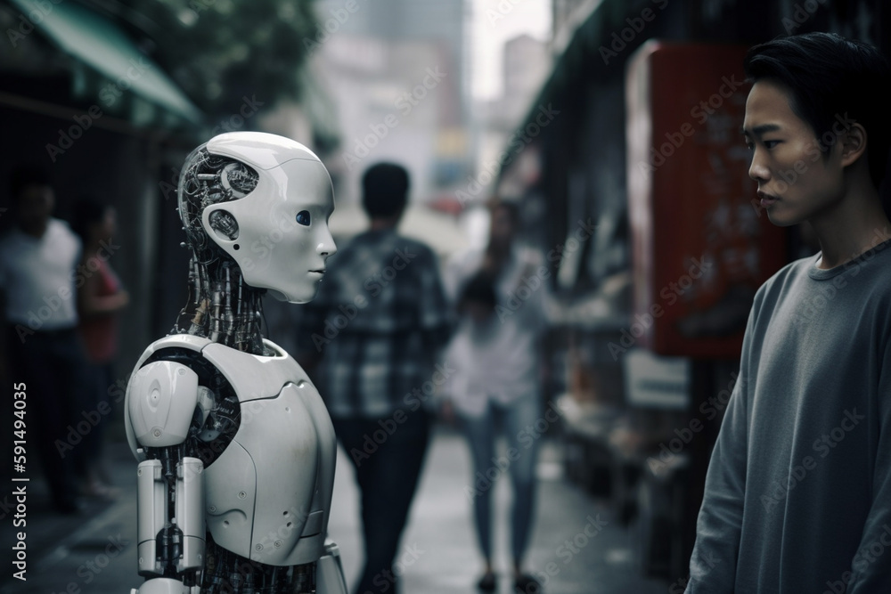 a robot talks to a pedestrian in a narrow side street, life with robots, humanoid android with artificial intelligence. Generative AI a robot talks to a pedestrian in a narrow side street, life with robots, humanoid android with artificial intelligence. Generative AI
