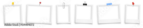 Empty white photo frame with shadows hung on a binder, adhesive tape, paper clip, pin. Set realistic photo card frame mockup - for stock