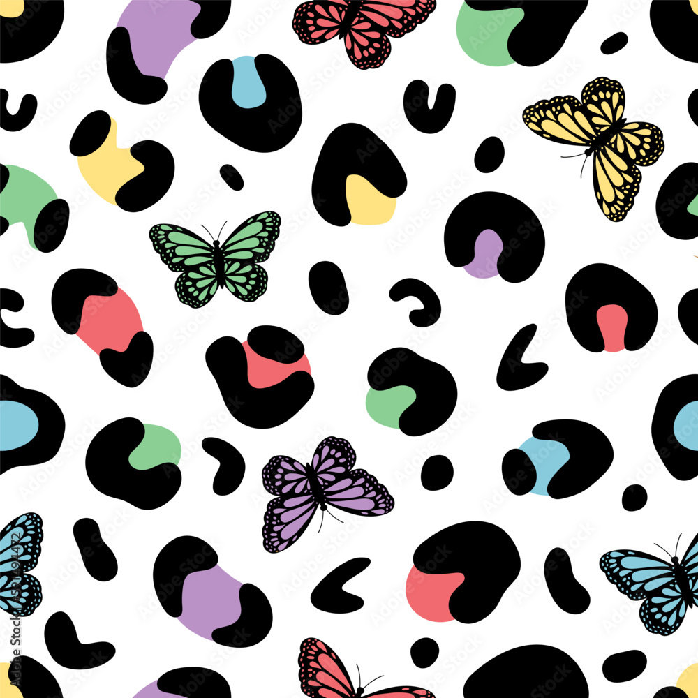 Colorful leopard print with butterfly. Cat paw pattern with  butterflies. Leopard vector seamless pattern. Leopard skin texture. For textiles, clothing, bed linen, office supplies.