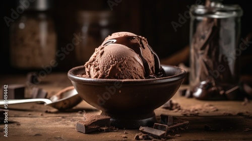 Chocolate ice cream ball on wooden table. Generative AI