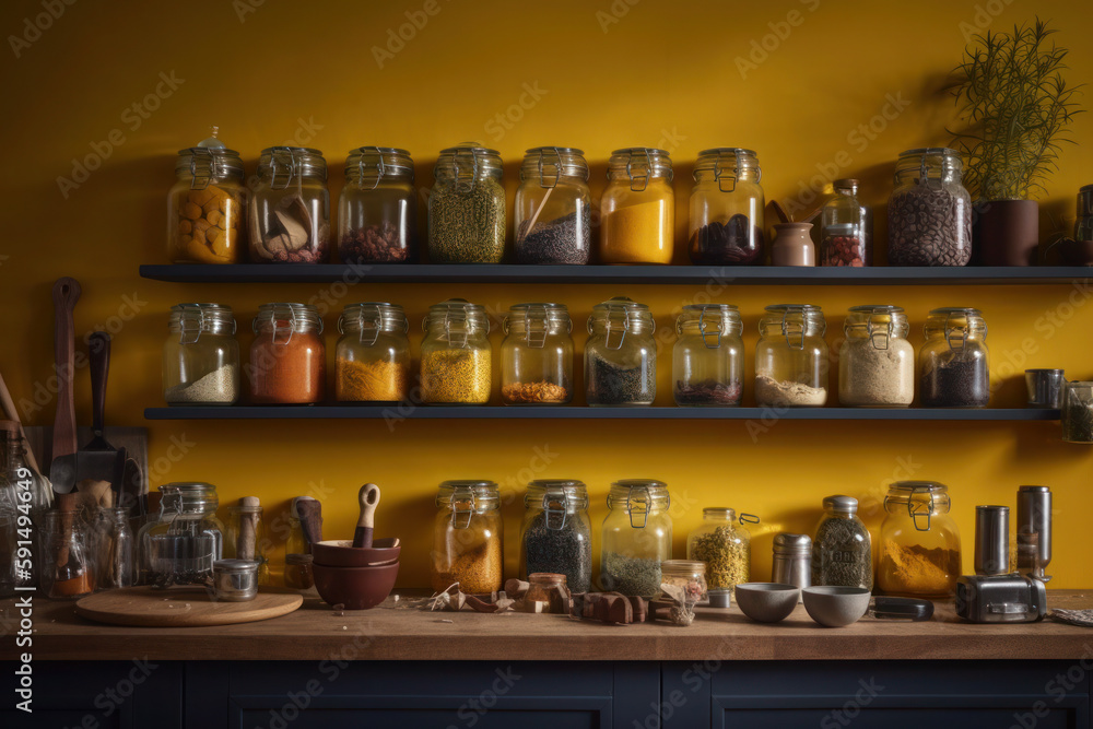 shelf of glass jars on a yellow, orange background. texture from containers with spices. ai generative shelf of glass jars on a yellow, orange background. texture from containers with spices. ai generative