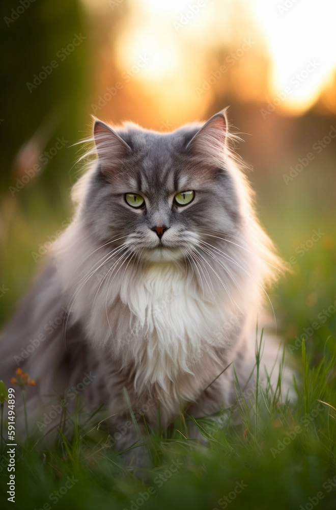 Fluffy gray cat sits on the grass outdoor. Generative AI.
