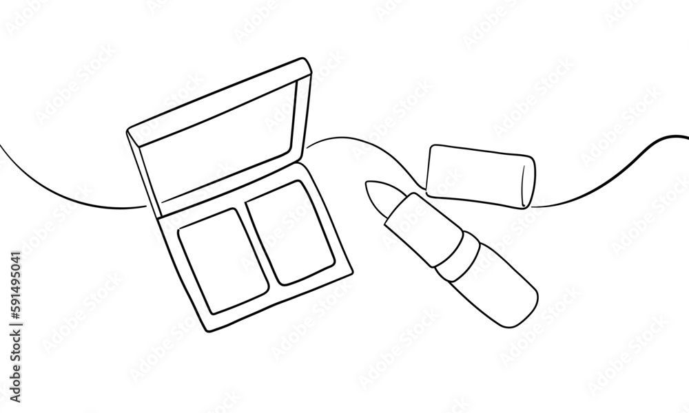 Obraz premium Makeup Cosmetics outline. Lipstick and make-up powder. Eyeliner makeup continuous one line drawing. Decorative cosmetics on white background