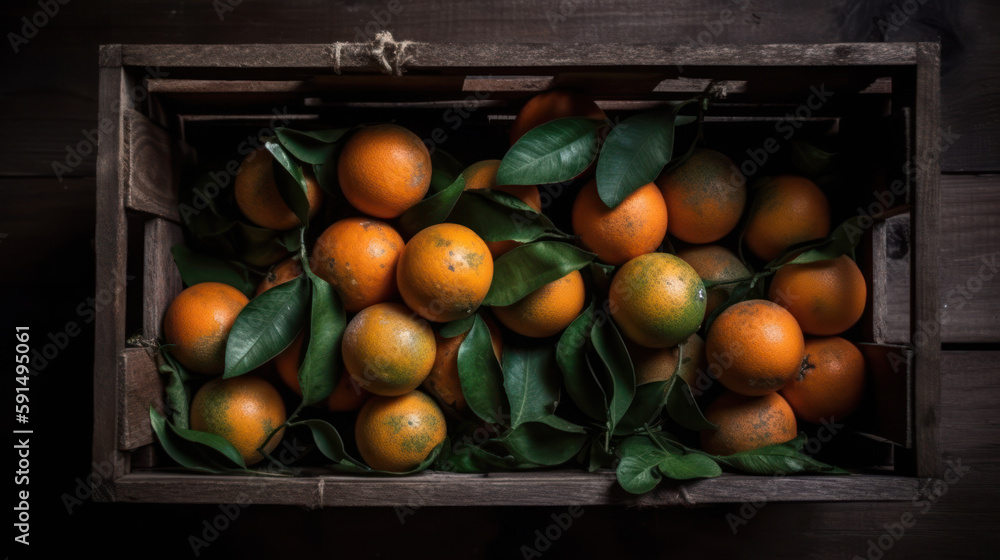 Caisse en bois vue de dessus avec des oranges