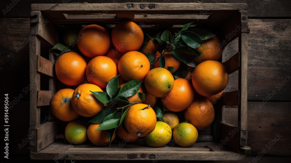 Caisse en bois vue de dessus avec des oranges