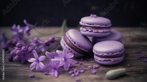 macarons à la violette sur une table en bois avec des fleurs de violette