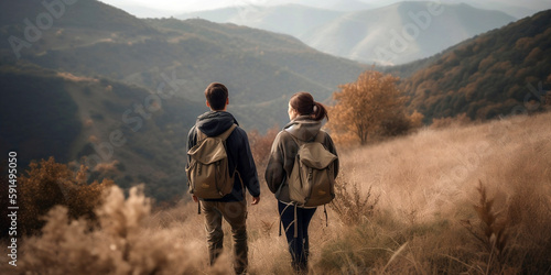 Young couple at the mountain, hikking, photo