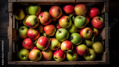 Caisse en bois vue de dessus avec des pommes