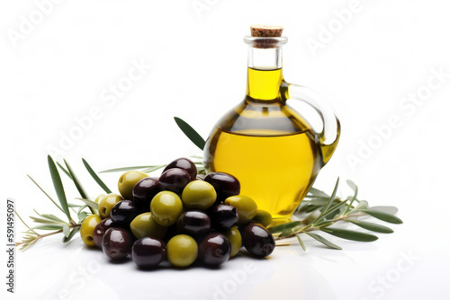 Petite bouteille d'huile d'olive avec bouchon en liège présenté avec des olives sur fond blanc
