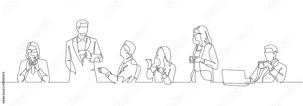 continuous one line drawing office workers having a coffee break