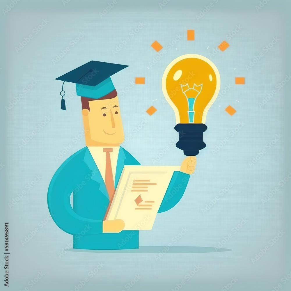 concept of an e-learning graduate certificate program. Internet education is demonstrated by a man holding a lightbulb and wearing a graduation hat.. generative ai concept of an e-learning graduate certificate program. Internet education is demonstrated by a man holding a lightbulb and wearing a graduation hat.. generative ai