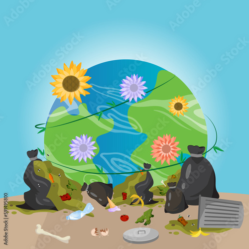 polluted planet scatters flowers and garbage ecology