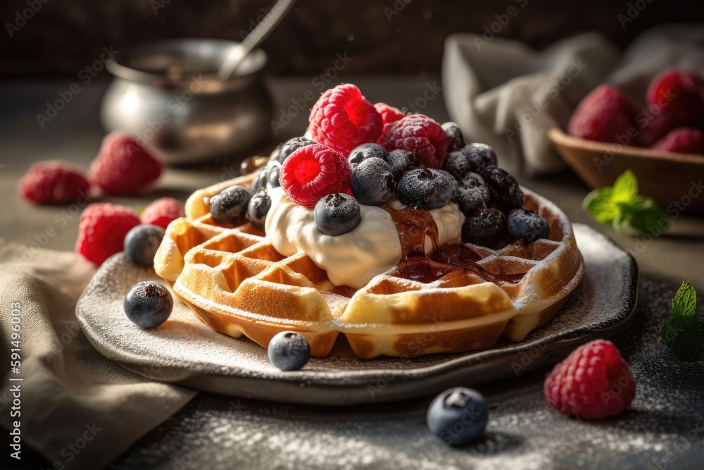 Homemade Belgium Waffles with Mix berries and Ice cream. Generative AI Homemade Belgium Waffles with Mix berries and Ice cream. Generative AI