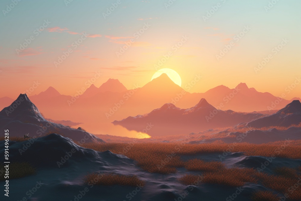 A minimalist landscape with a peaceful sunset or sunrise, Generative AI