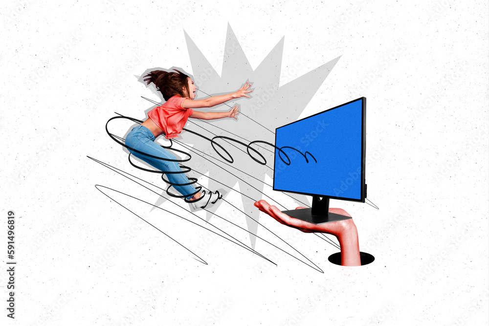 Fototapeta premium Creative collage portrait of arm hold pc screen absorb brainwashing mini excited girl isolated on painted background
