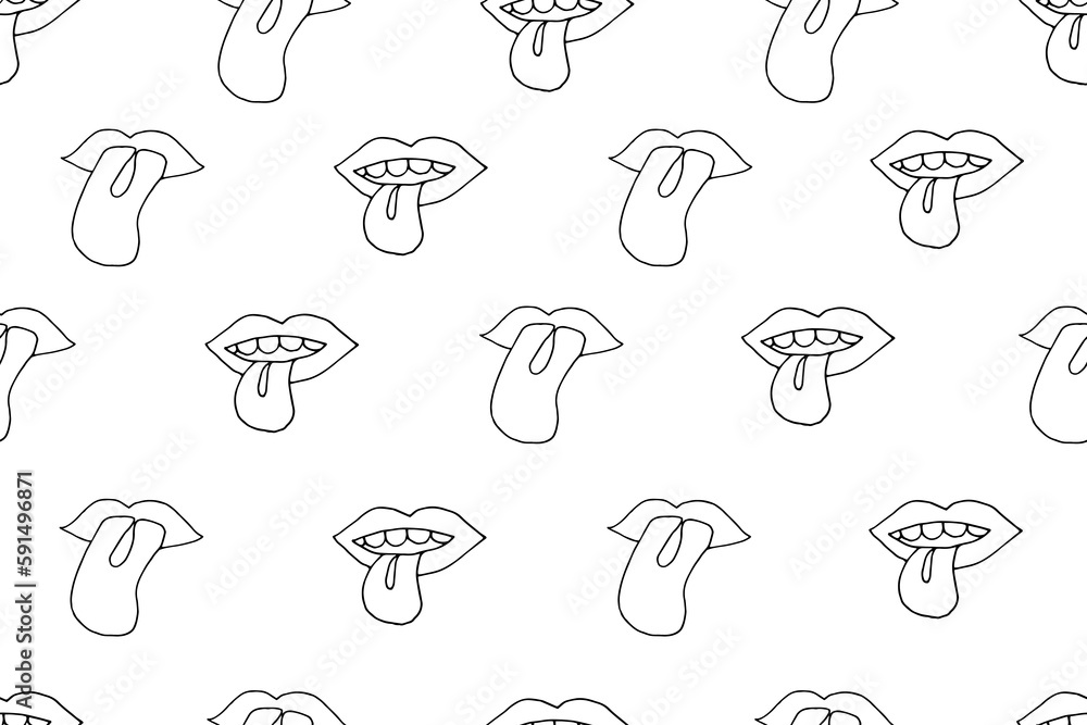 Simple seamless pattern with Mouth with Tongue sticking out. Crazy endless background. Groovy backdrop with Tongue. Vector illustration.