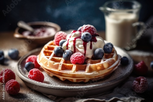 Homemade Belgium Waffles with Mix berries and Ice cream. Generative AI