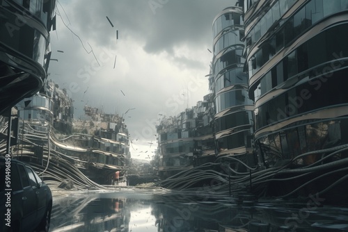 A surreal illustration of a distorted or twisted urban landscape, Generative AI