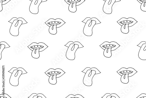 Simple seamless pattern with Mouth with Tongue sticking out. Crazy endless background. Groovy backdrop with Tongue. Vector illustration.