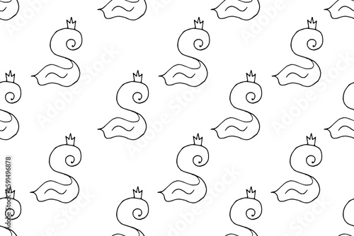 Doodle seamless pattern with outline Swan. Endless ornament with simple black hand drawn Swan with crown. Children bed linen and textile print. Vector illustration.  photo