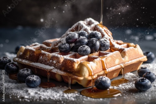 Homemade Belgium Waffles with Blueberries and ice cream. Generative AI