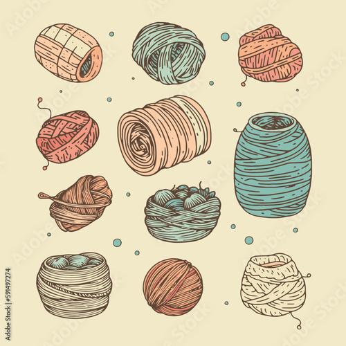 yarn collection, hand drawn style, wool clew and skein set
