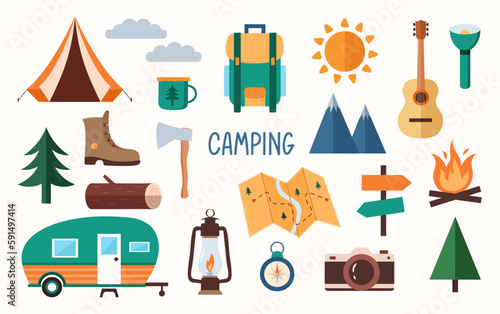 Hiking and camping flat elements isolated on white background