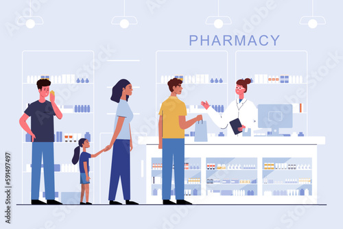 pharmacy with pharmacist and client in counter. drugstore cartoon character design vector illustration
