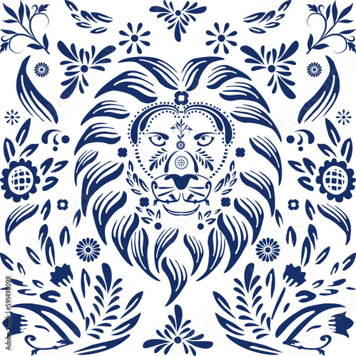 lion head mexican talavera mosaic illustration in vector format