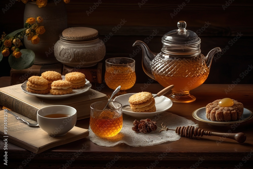 A cozy, honey tea scene, featuring a steaming cup of tea sweetened with a drizzle of golden honey, accompanied by a plate of honey flavored biscuits set in a warm, inviting atmosphere. Generative AI A cozy, honey tea scene, featuring a steaming cup of tea sweetened with a drizzle of golden honey, accompanied by a plate of honey flavored biscuits set in a warm, inviting atmosphere. Generative AI