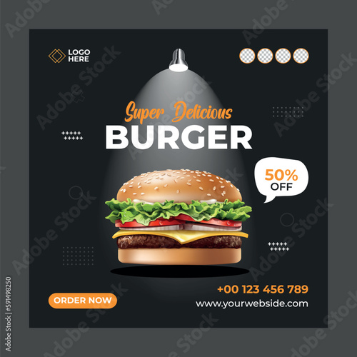 Super Delicious Burger- social media post template. Suitable for social media posts and web or internet ads. Vector illustration with Photo College.