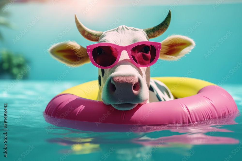 Adorable cow relaxing on an inflatable pool float in a swimming pool. Generative AI - obrazy, fototapety, plakaty 
