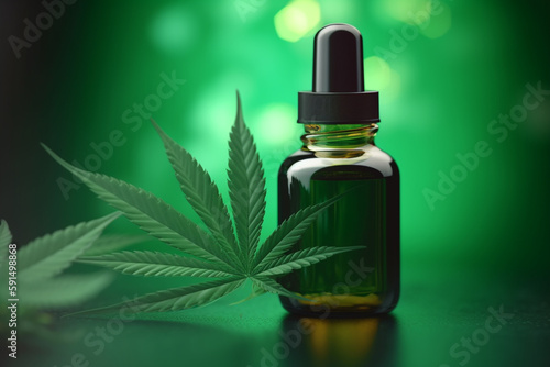 Cannabidiol CBD oil bottle in cannabis leaf and soft green background with copy space. Healthcare and medicine concept. Generative AI