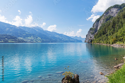 Switzerland, StﾠGallenﾠCanton, Scenic view of LakeﾠWalen photo