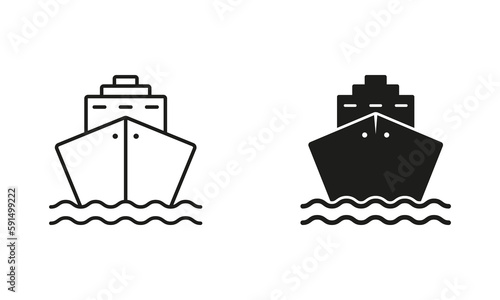 Cruise Ship Line and Silhouette Black Icon Set. Ocean Vessel Pictogram. Cargo Boat, Freight Marine Outline and Solid Symbol Collection on White Background. Isolated Vector Illustration