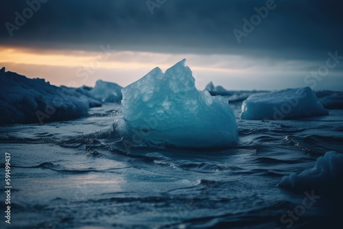A Large Iceberg Floating on Top of A Body of Water Next To A Beach at Sunset With A Sky Background and Clouds in The Sky and The Icebergs Climate Changes Generative AI