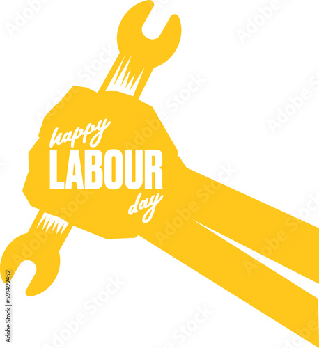 Vector silhouette of clenched fist holding wrench isolated on white background. Labour day and international workers day poster, label, greeting card with hand. 1 may logo design template