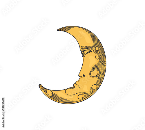 Crescent with a face. Engraving drawing technique. Vintage astronomy illustration. Vector design
