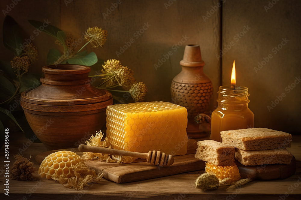 Honey-themed still life, showcasing a beautifully composed arrangement of honey related items, such as a jar of honey, a wooden honey dipper, a beeswax candle, and a delicate honeycomb. Generative AI