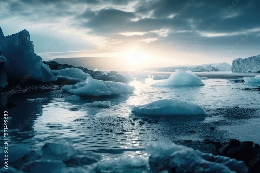 A Body of Water With Icebergs Floating in It and The Sun Shining Through The Clouds in The Background and A Sky Filled With Clouds and Clouds Climate Changes Generative AI