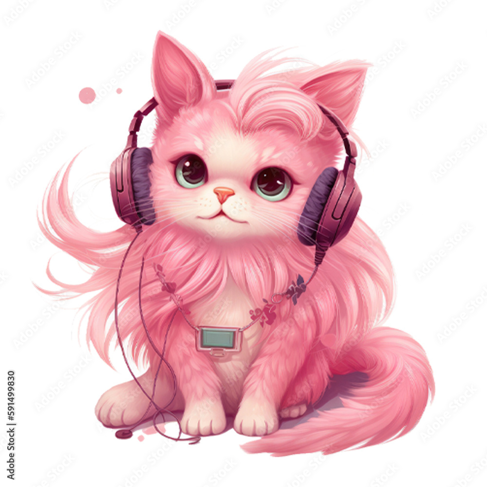 pink cat with headphones. generative ai