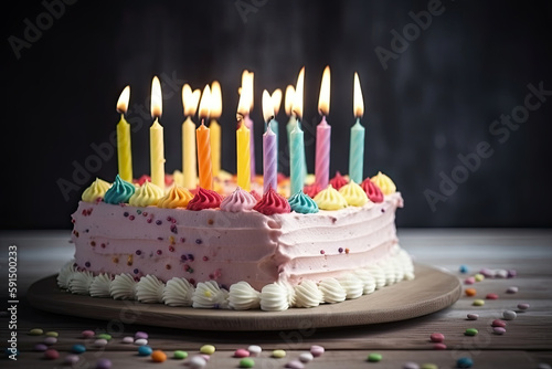 birthday strawberry cake with colored candles on wooden table and black background. Ai generative