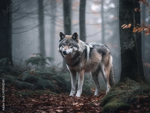 A lone wolf standing strong and fearless in a forest clearing