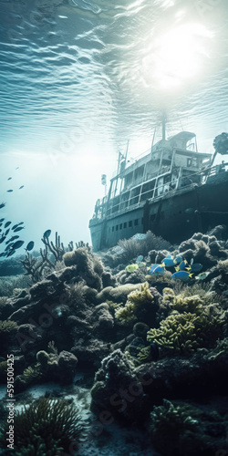 A Boat Is Sitting on A Coral Reef With Fish Around It and A Sun Shining Over The Water and A Few Other Boats in The Background, and A, and Some Corals, Climate Changes Generative AI