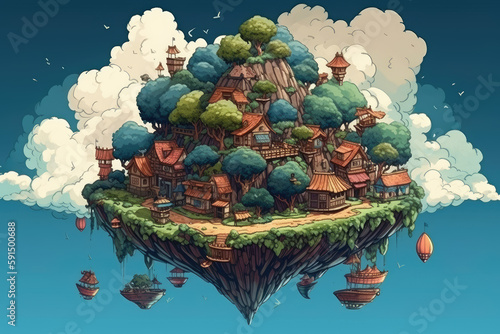 Fantasielandschaft einer fliegenden Insel mit Häusern , Bäumen und Wolken, generative ai