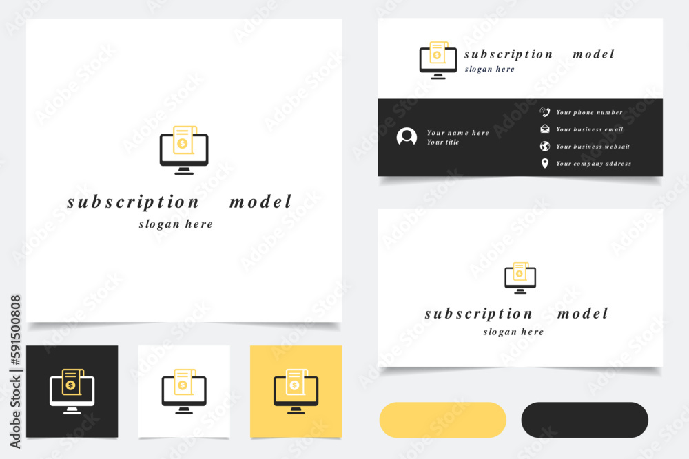 Subscription model logo design with editable slogan. Branding book and business card template. Subscription model logo design with editable slogan. Branding book and business card template.
