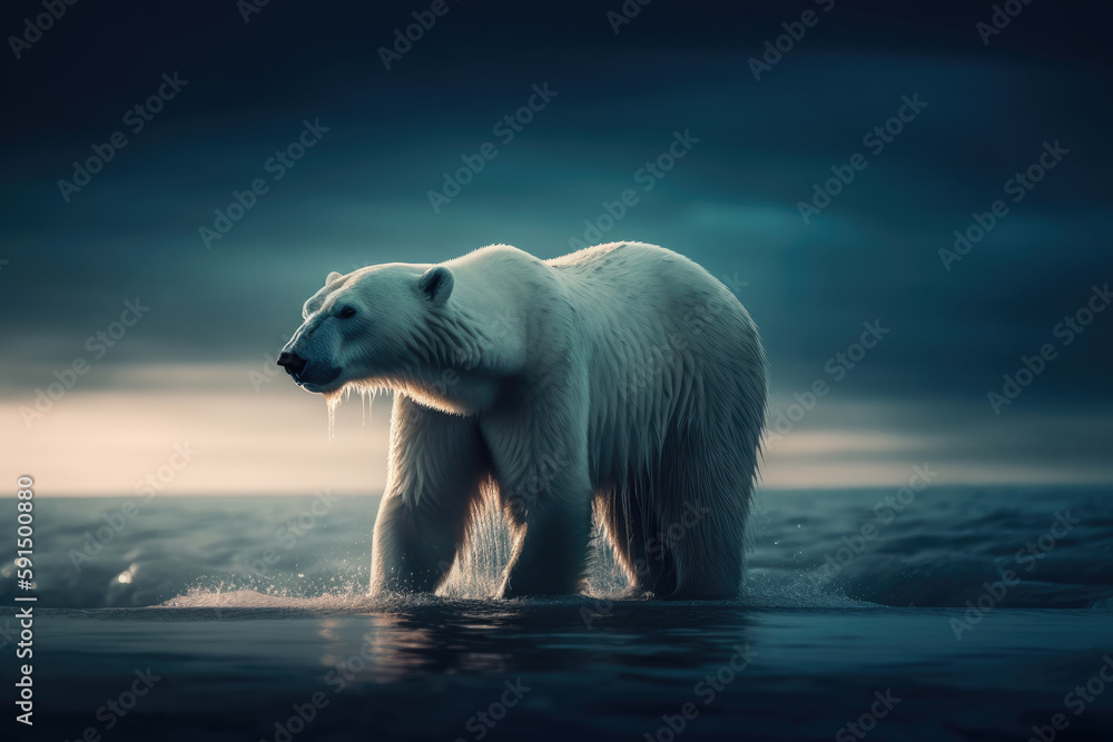 A Polar Bear Standing in The Water at Night Time With A Dark Sky in The Background and A Dark Blue Sky in The Background, Climate Changes Generative AI