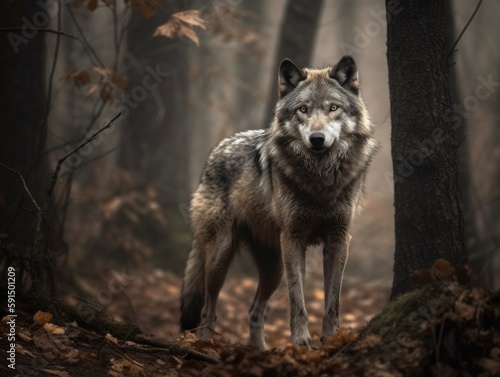 A lone wolf standing strong and fearless in a forest clearing