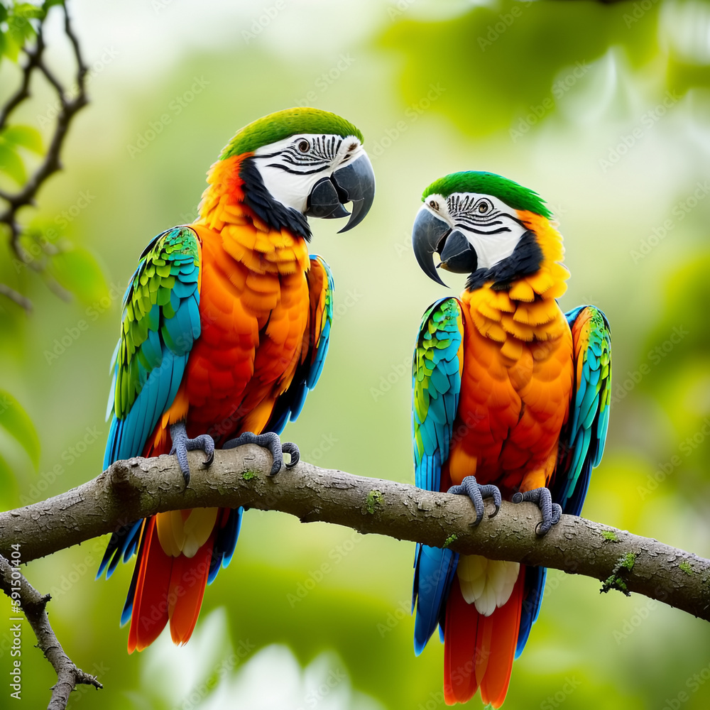 Couple of romantic red macaw parrots on branch. Generative AI