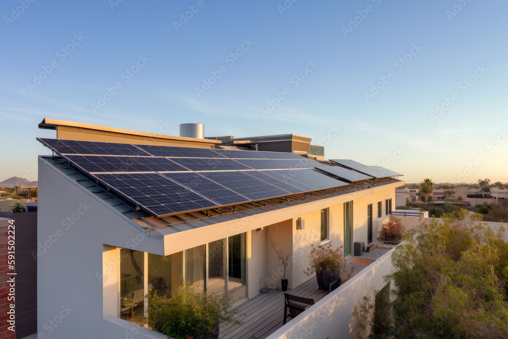 Solar panels on the roof of the house. Generative AI Solar panels on the roof of the house. Generative AI